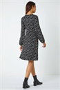 Black Square Print Gathered Stretch Dress, Image 3 of 5