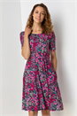Fuchsia Floral Print Belted Skater Dress , Image 1 of 4