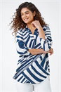 Navy  Linear Print V-Neck Pleat Front Tunic Top, Image 1 of 5