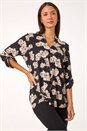Black Floral V-Neck Pleat Front Stretch Top, Image 3 of 5