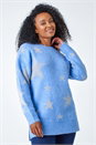 Blue Petite Metallic Star Print Longline Jumper, Image 2 of 5