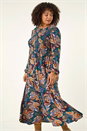 Teal Curve Floral Print Shirred Midi Dress, Image 5 of 7