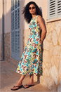 Turquoise Floral Pleated A-Line Midi Dress, Image 2 of 4