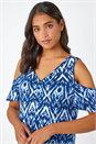 Blue Tie Dye Jersey  V-Neck Cold Shoulder Top, Image 2 of 5