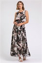 Beige Abstract Print Pleated Chiffon Maxi Dress, Image 3 of 5