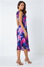 Navy  Floral Mesh Asymmetric Stretch Bodycon Dress, Image 3 of 5