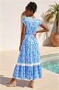 Light Blue  Tile Print Shirred Waist Maxi Dress, Image 3 of 4