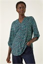 Green Abstract Puff Print Stretch Top, Image 2 of 5