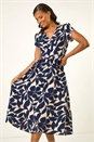 Navy  Leaf Print V-Neck Midi Dress, Image 1 of 5