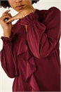 Wine Ruffle Front Keyhole Satin Top, Image 5 of 5