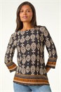 Brown Ikat Border Hem Stretch Top, Image 2 of 5