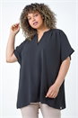 Black Curve Linen Look V-Neck Longline Top, Image 1 of 5