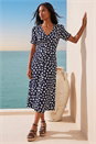Navy  Heart Print Ruched Midi Dress, Image 3 of 4