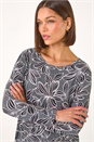 Black Floral Puff Print Chiffon Hem Top, Image 4 of 5