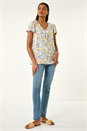 White Floral Print Ruffle V-Neck Top, Image 2 of 5