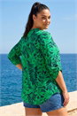 Green Curve Leaf Print Button Stretch Shirt, Image 3 of 4