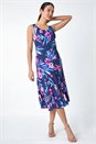 Navy Sleeveless Tropical Print Bias Midi Dress, Image 1 of 5