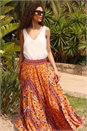 Orange Floral Print Boho Elastic Waist Maxi Skirt, Image 1 of 5