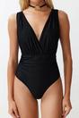 Black Plunge Wrap Front Ruched Waist Swimsuit, Image 2 of 5
