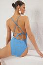 Blue Textured V Neck Strappy Swimsuit, Image 3 of 3