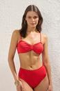 Red Ruched Strapless Padded Bandeau Bikini Top with Adjustable Straps, Image 1 of 5