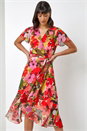 Red Floral Print Asymmetric Midi Wrap Dress, Image 1 of 4