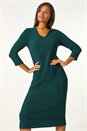 Teal Textured V-Neck Stretch A-Line Dress, Image 2 of 5