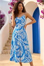 Blue Petite Leaf Print Strappy Midi Dress, Image 2 of 4
