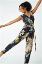Black Petite Leaf Print Tie Waist Stretch Jumpsuit, Image 1 of 5