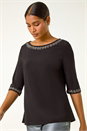 Black Embellished Neck Stretch Top, Image 1 of 5
