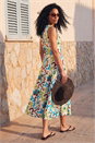 Turquoise Floral Pleated A-Line Midi Dress, Image 3 of 4