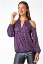 Purple Animal Print Cold Shoulder Stretch Top, Image 1 of 5