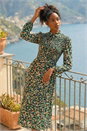 Green Speckled Print Shirred Midi Dress, Image 2 of 4