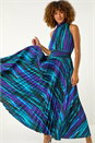 Purple Printed Halter Neck Pleat Shirred Midi Dress, Image 4 of 5