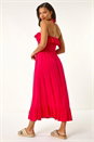 Pink Frill Shirred Bandeau Midi Dress, Image 1 of 6