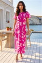 Magenta Floral Print Flutter Sleeve Midi Dress, Image 1 of 4