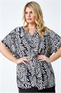 Black Curve Leaf Print Notch Neck Tunic Top, Image 3 of 5