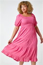Pink Curve Shirred Tiered Midi Dress, Image 1 of 5