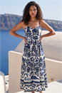 Navy  Petite Print Strappy Button Midi Dress , Image 2 of 4