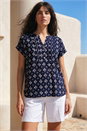 Navy Aztec Print Button V-Neck Detail Top, Image 1 of 4