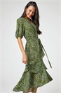 Khaki Ditsy Floral Frill Hem Midi Dress, Image 1 of 4