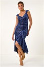 Navy  Sequin Velvet Bardot Stretch Midi Dress, Image 2 of 7