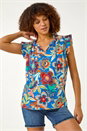 Blue Floral Printed Frill Sleeve Top, Image 4 of 5