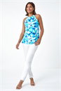 Blue Abstract Print Stretch Halter Neck Top, Image 2 of 5