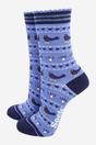 Blue Fair Isle Blackbirds Bamboo Socks - Blue, Image 1 of 4