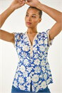 Blue Floral Print Lace Trim Top, Image 1 of 5