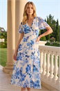 White Floral Print V-Neck Midi Dress, Image 1 of 4