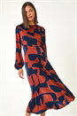 Rust Geometric Colour Block Print Midi Dress, Image 2 of 5