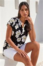Black Floral Puff Print Stretch Top, Image 2 of 4