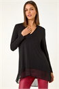 Black V-Neck Chiffon Hem Top, Image 1 of 5